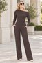 Women's Boat Neck Long Sleeve Off-Shoulder Lycra Stretch Top and Elastic Waist Pocketed Wide-Leg Lycra Stretch Pants Brown Two-Piece Set - 6