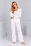 Women's White Pink Floral Patterned Button and Bow Detailed Wide Leg Pajama Set - 2