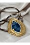 Navy Blue Agate Stone Gold Statement Necklace – Authentic Women's Necklace with Large End and Brown Cord