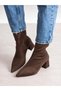 Bega Women's Bitter Brown Stretch Suede Pointed Toe Zippered 6 cm Thick Heeled Boots Bootie - 3