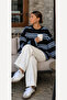 Women's Black Blue White Striped Crew Neck Oversize Sweatshirt - 6