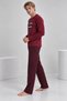 Men's Burgundy Printed Long Sleeve Red Black Plaid Pants Pajama Set - 2