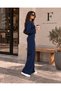 Women's Navy Blue Ribbed Front Wide Leg Modal Fabric High Waist Gathering Pants Leggings & Oversize Sweatshirt Two-Piece Set - 3