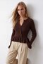Women's Brown Crew Neck Asymmetrical Valon Knitwear Cardigan Alc-X15773