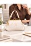 Women's Beige Metal Clip Three-Compartment Long Strap Hand and Shoulder Bag - 3