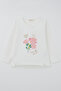 Girl's Long Sleeve T-Shirt with Floral Print and Slits on the Sides, Ages 3-8, Ecru