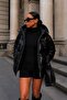 Shiny Black Women's Coat with Hood and Zipper 52111002
