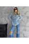 Women's Light Blue Label Detailed Double Pocket Snap Fastener Oversize Long Sleeve Autumn Denim Shirt - 2