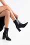 Pointed Toe Thick Heeled Side Zipper Black Stretch Boots - 3