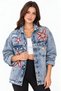 Women's Designer Denim Jacket with Starfish Theme, Mussels, Stones, Pearls, and Beadwork Detail, Blue Oversize Bomber Coat, Limited Edition