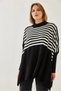 Women's Black-Ecru Striped Oversize Slit Poncho Sweater - 2