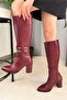 Women's Paris Buckle Detailed Burgundy Side Zipper Below the Knee Boots 410 - 3