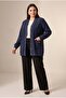 Ribbed Plus Size Knitted Cardigan Navy Blue - 6