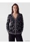 Ozmarka New Season Black V-Neck Patterned Women's Knitwear Cardigan