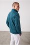 Men's Stand Collar Zippered Sweatshirt Petrol Blue Basic Sports Top with Pockets - 3