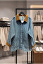 Women's Oversize Denim Jacket Brown Velvet Collar Detailed Long Denim Jacket with Pockets