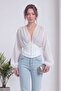 Women's Corseted V-Neck Balloon Sleeve Chiffon Blouse White, Black - 6