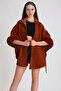 Red Brown Cashmere Cape Coat with Fox Fur Accessories - 4