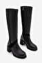 Women's Round Toe Thick Heeled Elastic Suede Detailed Boots Voleris Black - 5