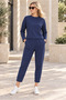 Women's Round Neck Textured Off-Shoulder Sweatshirt and Ankle-Length Pants Set Elastic Waist Lycra Flexible Pockets Sporty Stylish Two-Piece Combination Navy Blue - 4