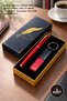 5-Piece Leather Keychain and Pen Set – Boxed Red Gift Set, Metal Rollerball Pen, Leather and Metal Keychain, Keychain Pen Gift