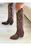 Brown Suede Embroidered Western Style Long Boots - 8