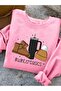 Women's Pink Winter Basic Printed Oversize Crew Neck Sweatshirt
