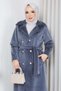 Buttoned Belted Angora Coat Smoked Hm2969 - 3