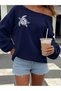 Women's Navy Blue Turtle Print Boat Neck Sweatshirt - 2