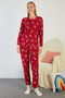 Polka Dot and Heart Patterned Crew Neck Suede Pajama Set - 3