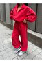 Women's Red Zippered Stripe Detailed Top and Bottom Set - 7