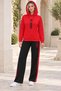 Women's Hooded Long Sleeve Low Sleeve Printed Lycra Stretch Sweatshirt and Elastic Waist Printed Lycra Stretch Trousers with Pockets Stylish and Sporty Red Black Two-Piece Set