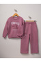 Simit Yaka Embossed Floral Printed Sweatshirt/Embossed Floral Printed Wide Leg Sweatpants 3 Threaded Drawstring Set - 2