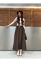 Pleated Flare Maxi Skirt with Elastic Waist Belt 9065 - Brown - 2