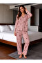 Women's Suede Velvet Long Sleeve Thin Striped Teddy Bear Detailed Front Buttoned Shirt Collar Casual Pajama Set (Winter)