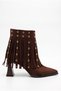 Women's Thick Striped Heeled Pointed Toe Studded Tasseled Suede Western Design Boots - 3
