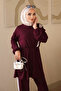 Plum Color Elastic Waist Striped Tunic and Trousers Set - 3