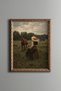 Young Woman with Straw Hat and Horses - Vintage Patterned Painting - Fine Model