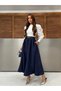 Pleated Flare Maxi Skirt with Elastic Waist Belt 9065 - Navy Blue - 5