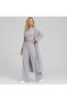 Women's Gray Shoulder Windowed Three-Piece Set with Long Cardigan, Crop Top, and Wide-Leg Pants - 2