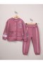 Pilot Collar Girls' Printed College Cardigan with Snap Pockets on the Front/Printed Ribbed Tracksuit 3-Piece Set - 2