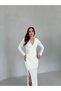 Ecru Patterned Fabric Long Dress with Buckle Detail and Slit - 5