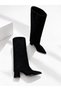 Women's Black Suede Leggings Detailed Boots with Detachable Apparatus, Heeled, Pointed Toe, Zippered Women's Shoes - 4