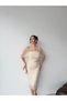 Beige Strapless Cape Beaded Embroidered Midi Evening Dress - 3
