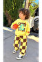 Boy's Yellow Lettering and Figure Printed Sweatshirt Checkered 3-Yarn Sweatpants Top and Bottom Set