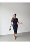 Navy Blue Strapless Cape Beaded Embroidered Midi Evening Dress - 2