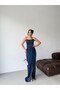 Navy Blue Strapless Underwire Glittery Long Evening Dress - 4