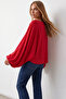 Women's Red Bat Cut Balloon Sleeve Light Transparent Blouse Alc-X15867 - 5