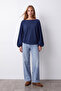 Women's Navy Blue Bat Cut Balloon Sleeve Lightly Transparent Blouse Alc-X15867 - 2
