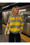 Women's Gray Yellow Striped Polo Collar Oversize Knitwear Sweater - 2